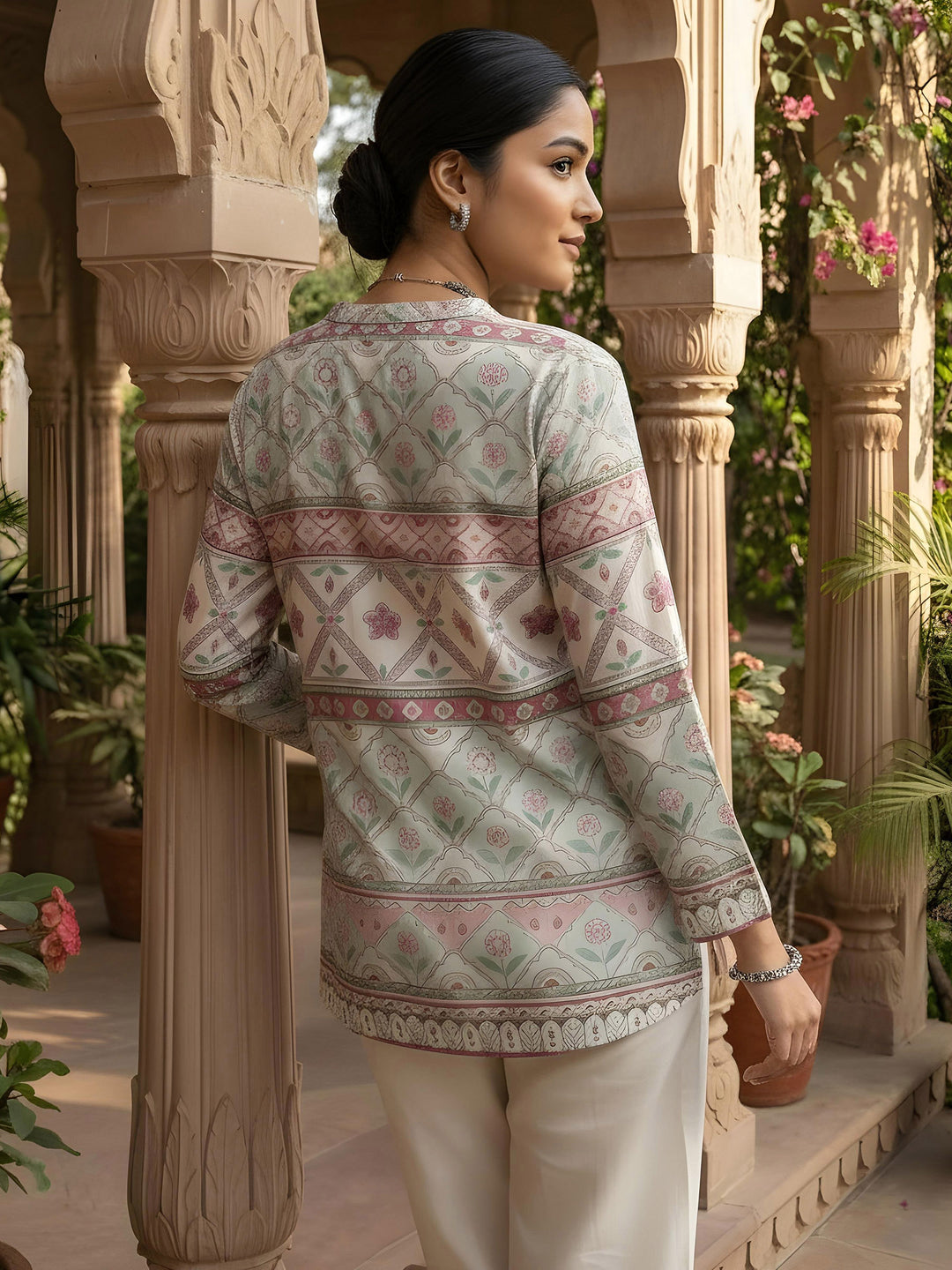Cream Cotton Blend Printed Kurta