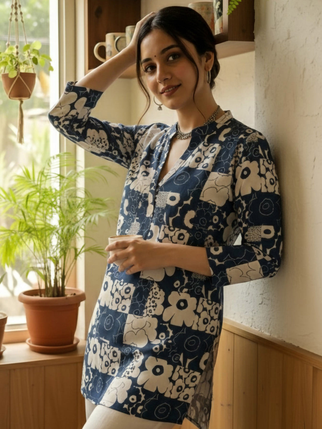 Blue Cotton Blend Printed Kurta