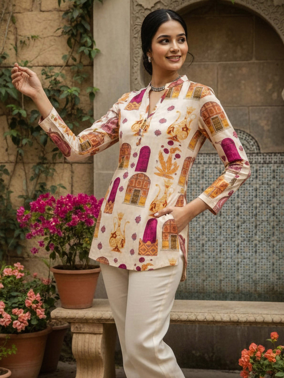 Cream Cotton Blend Printed Kurta