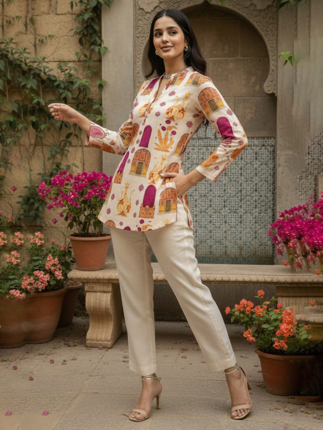 Cream Cotton Blend Printed Kurta