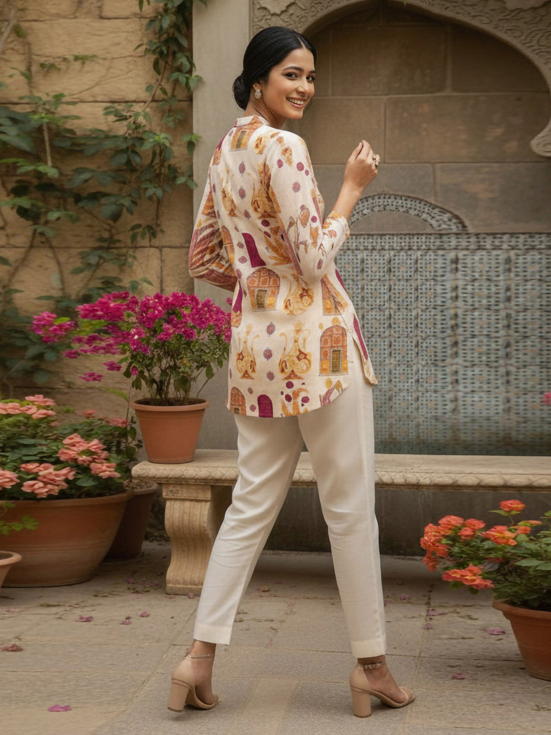 Cream Cotton Blend Printed Kurta