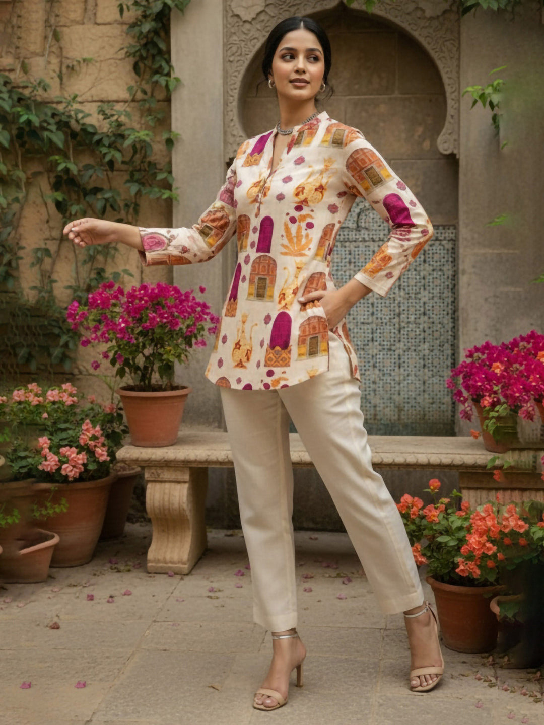 Cream Cotton Blend Printed Kurta