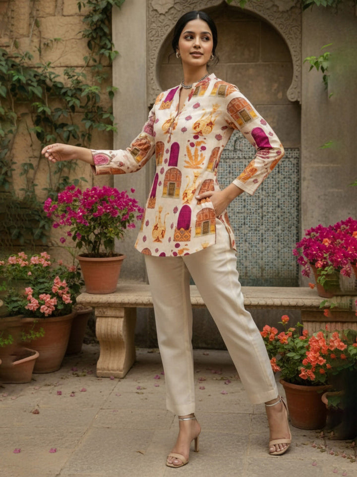 Cream Cotton Blend Printed Kurta