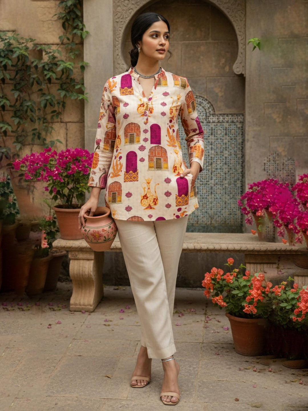Cream Cotton Blend Printed Kurta