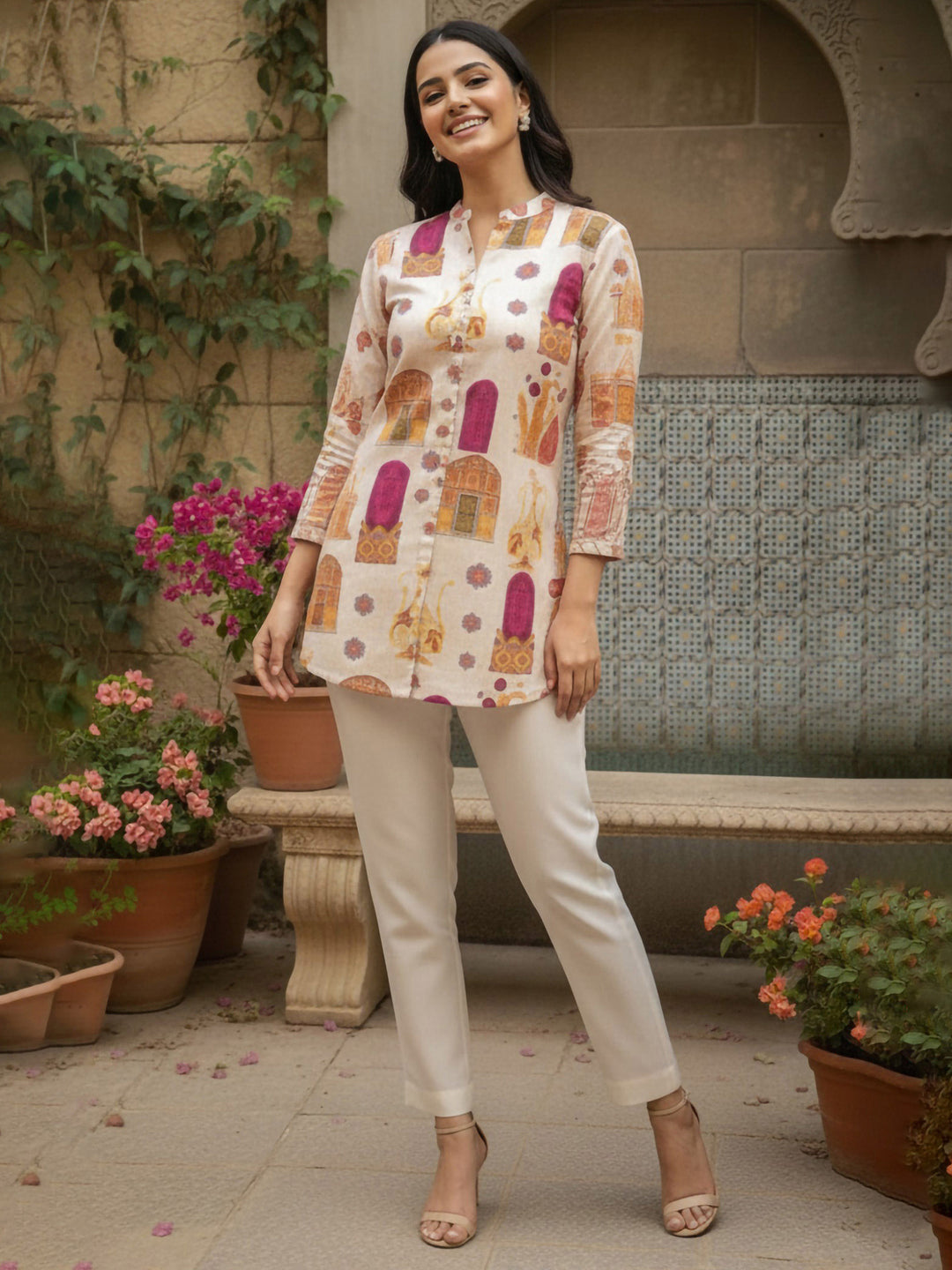 Cream Cotton Blend Printed Kurta