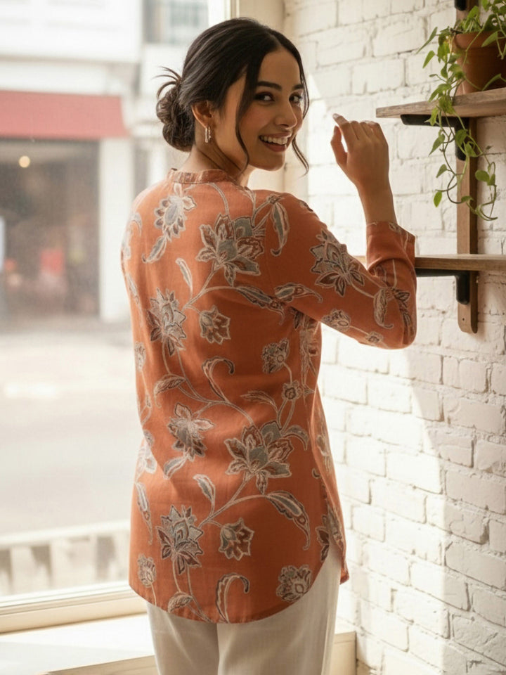 Rust Cotton Blend Printed Kurta