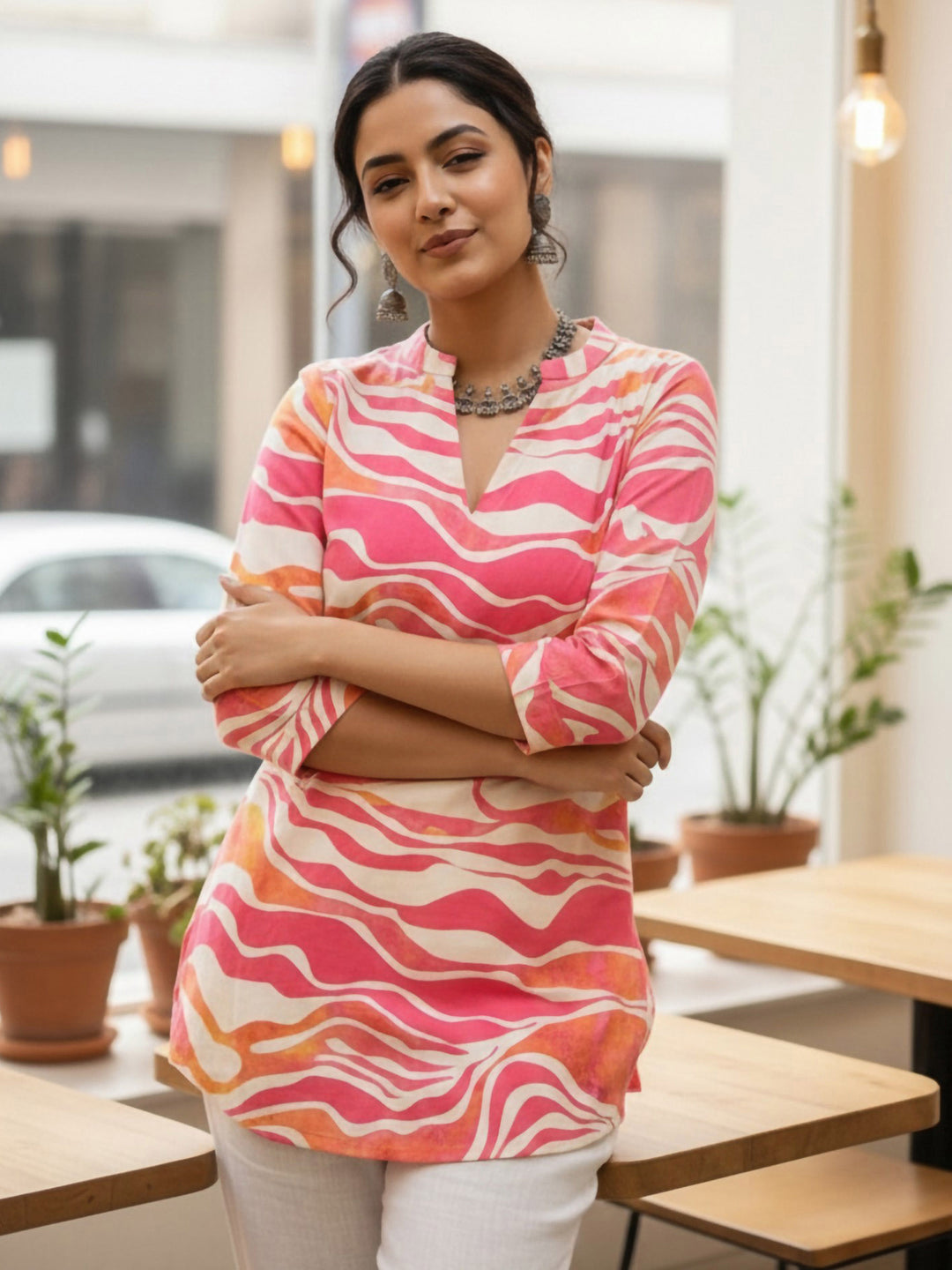 Pink Cotton Blend Printed Kurta