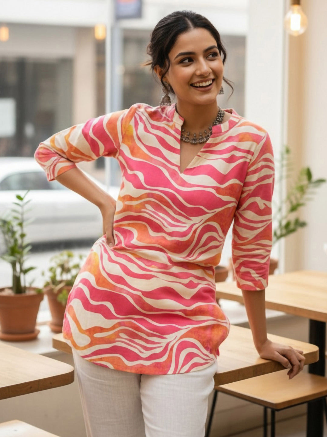 Pink Cotton Blend Printed Kurta