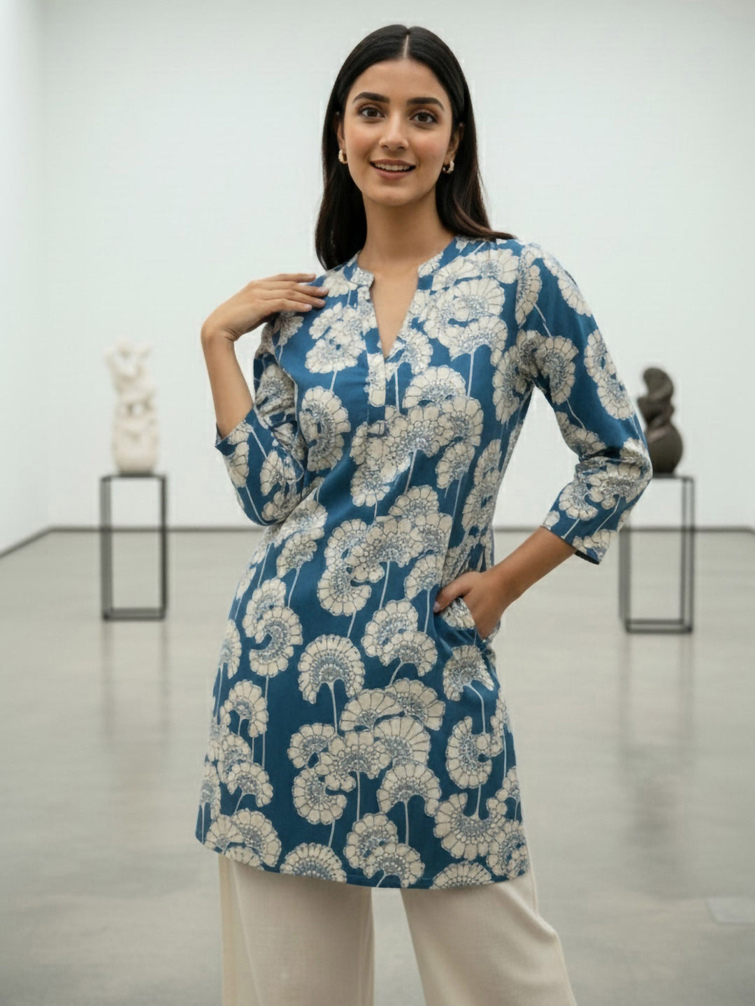 Blue Cotton Blend Printed Kurta
