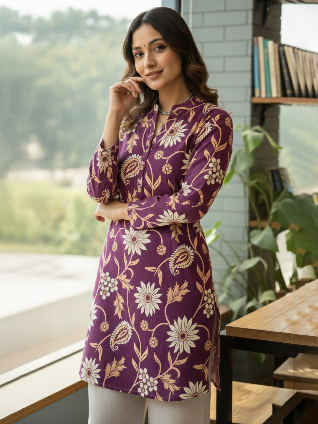 Purple Cotton Blend Printed Kurta