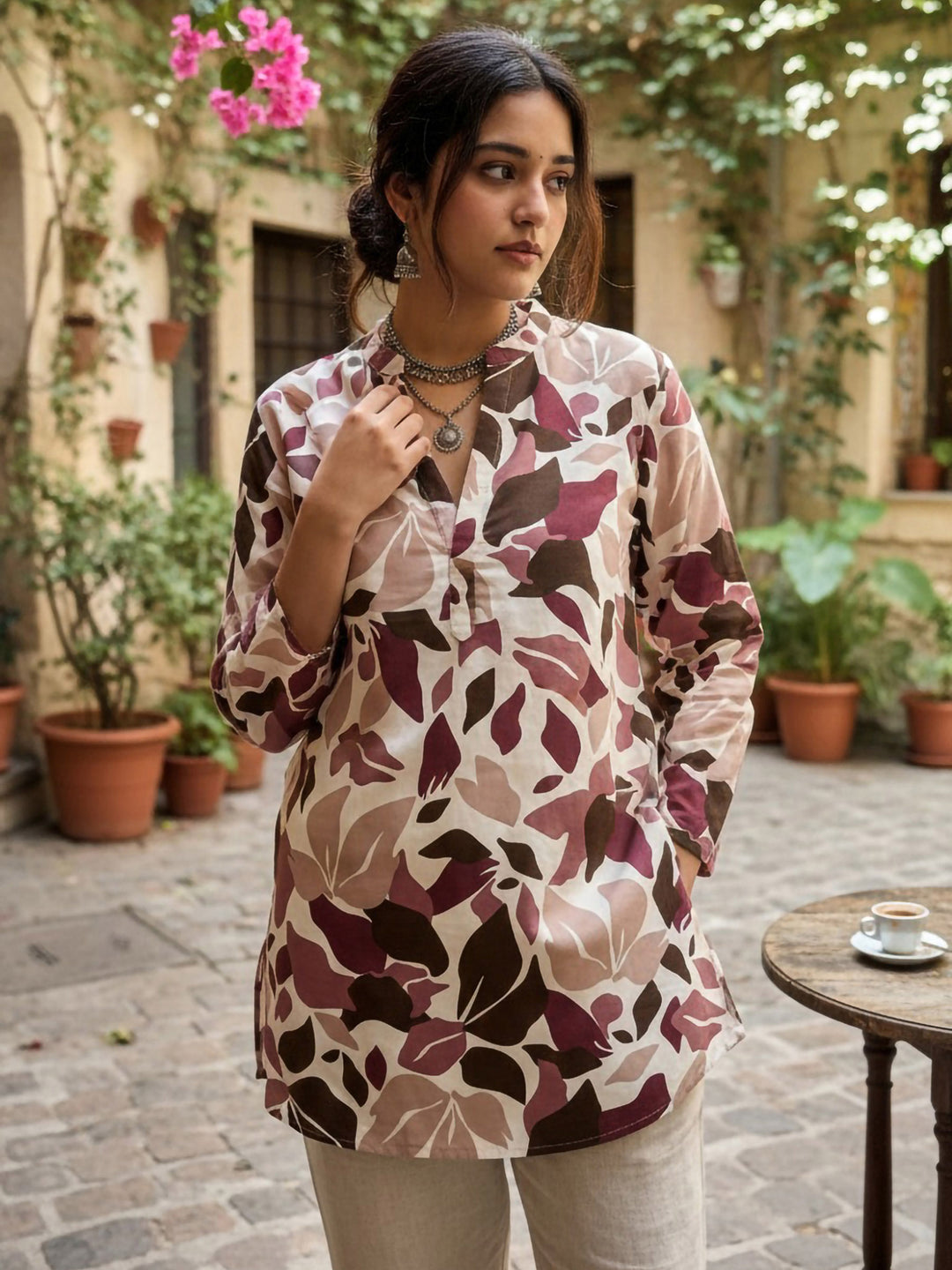 Wine Cotton Blend Printed Kurta