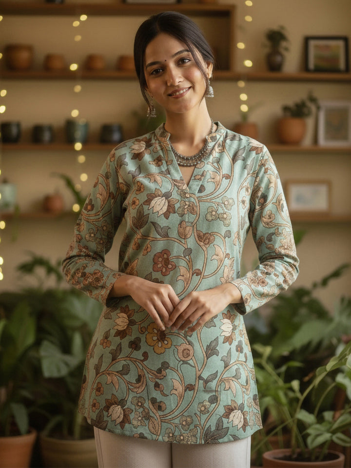 Green Cotton Blend Printed Kurta