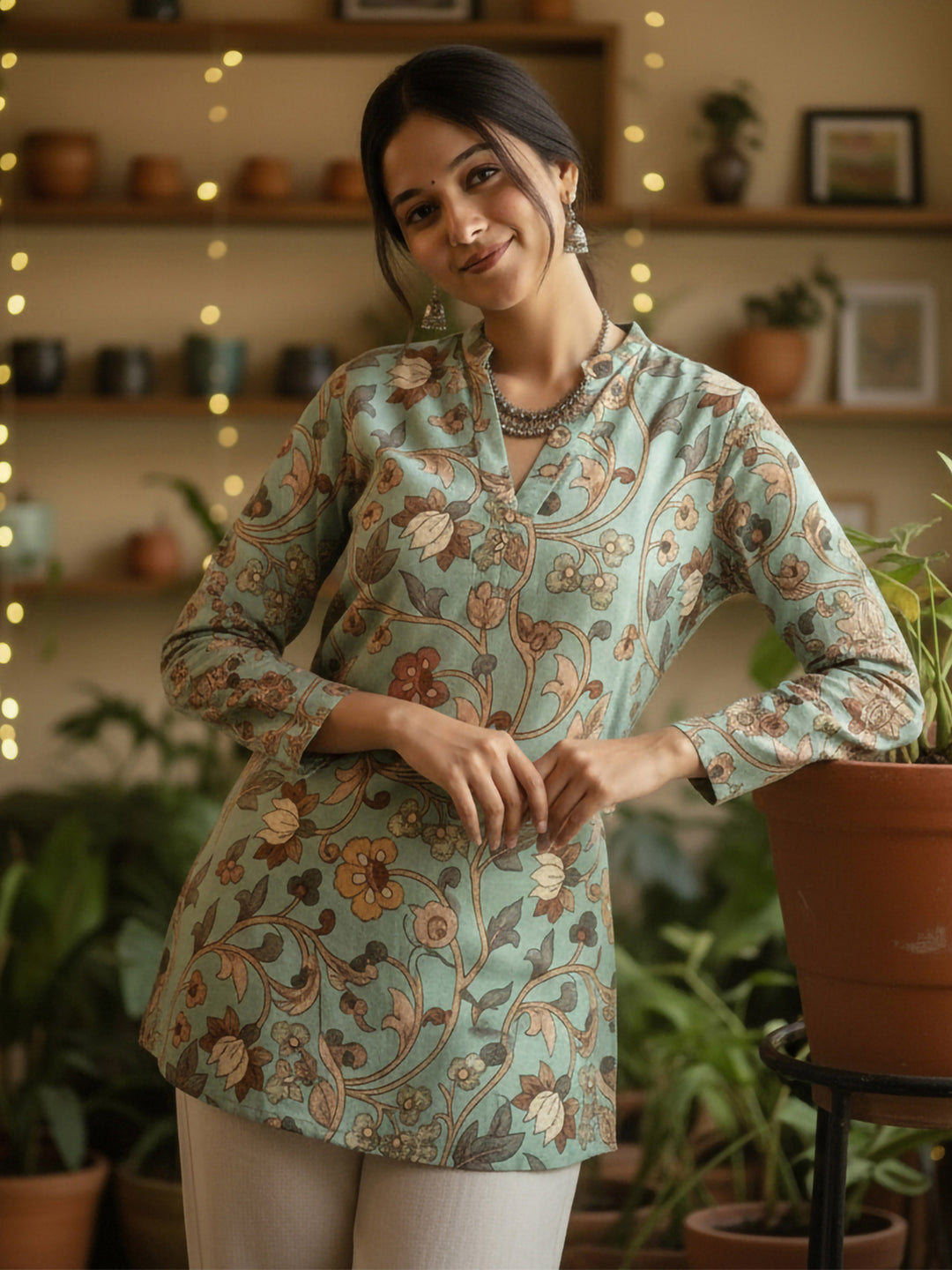 Green Cotton Blend Printed Kurta