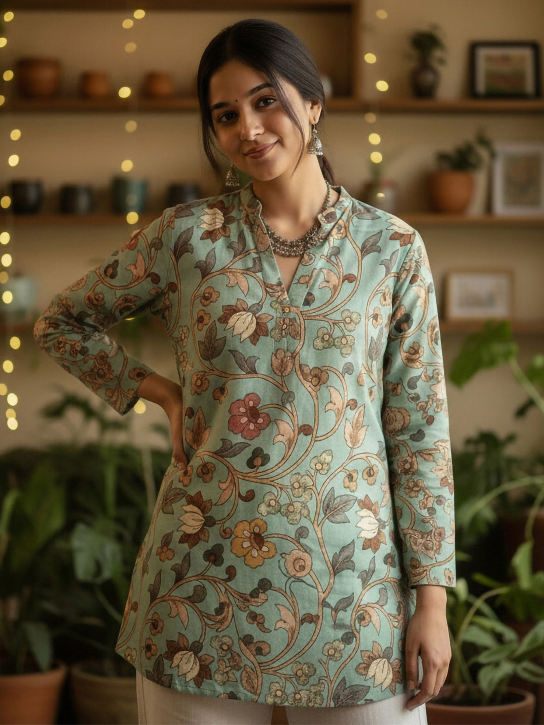 Green Cotton Blend Printed Kurta