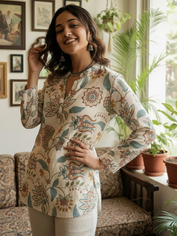 Cream Cotton Blend Printed Kurta
