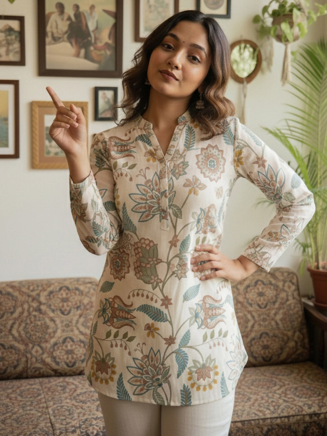 Cream Cotton Blend Printed Kurta