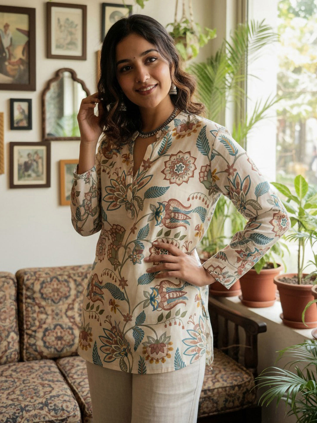 Cream Cotton Blend Printed Kurta