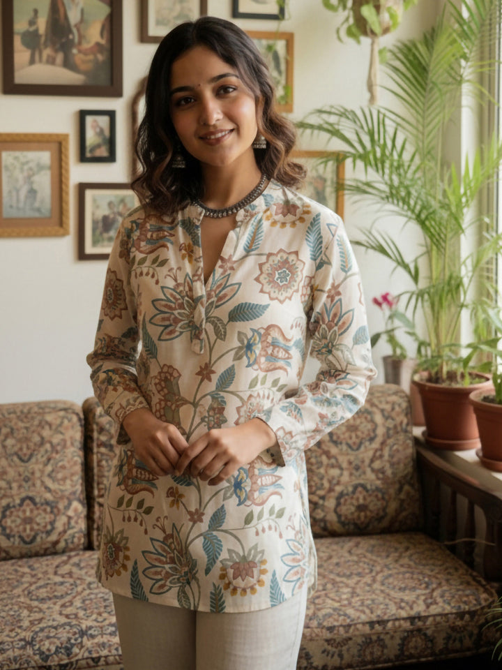 Cream Cotton Blend Printed Kurta