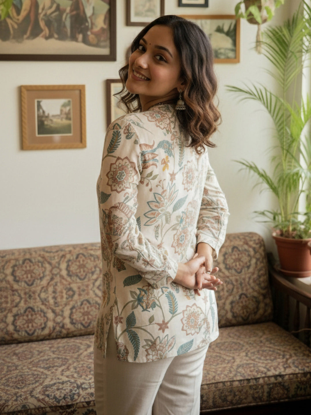 Cream Cotton Blend Printed Kurta
