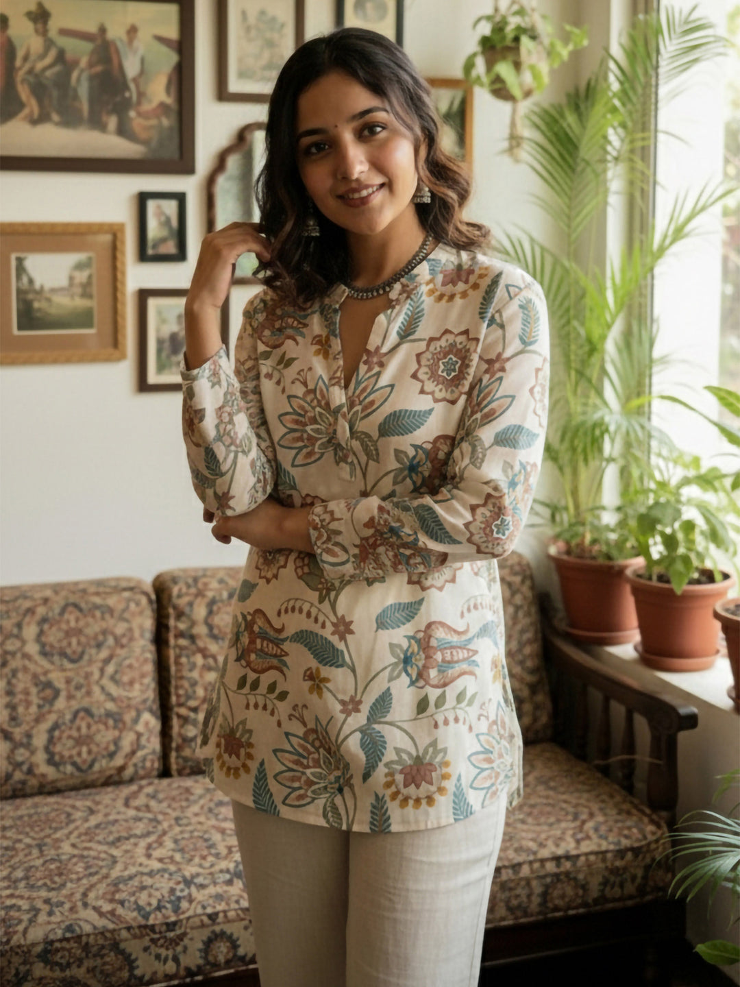 Cream Cotton Blend Printed Kurta