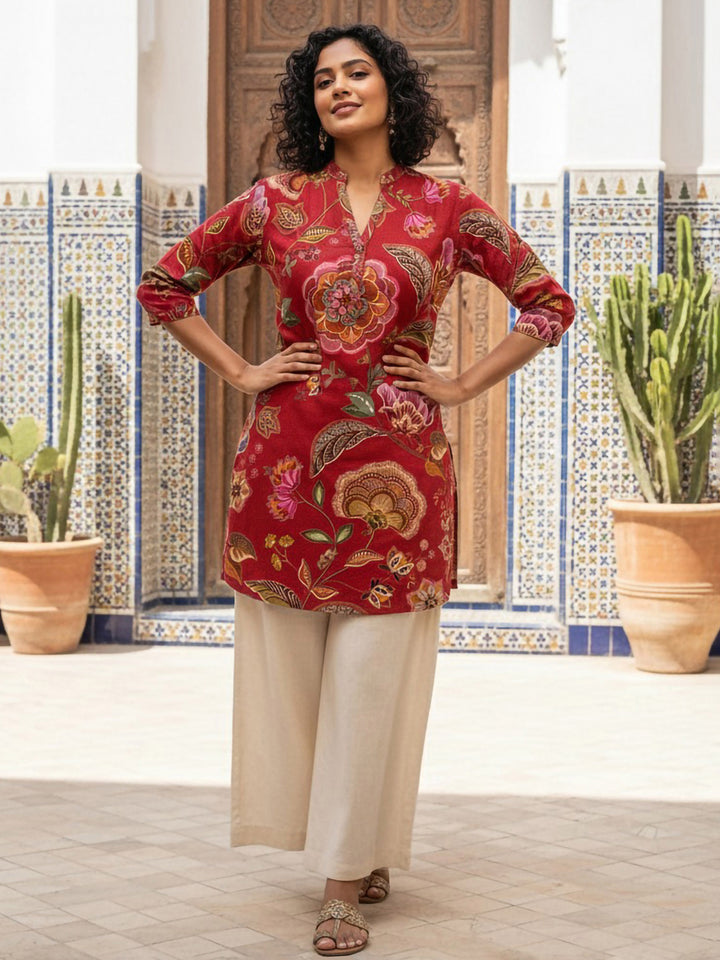Red Cotton Blend Printed Kurta