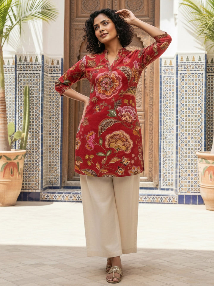 Red Cotton Blend Printed Kurta