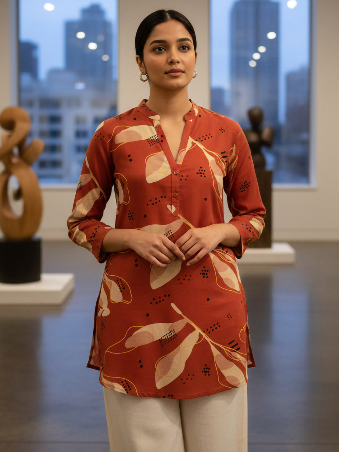 Rust Cotton Blend Printed Kurta
