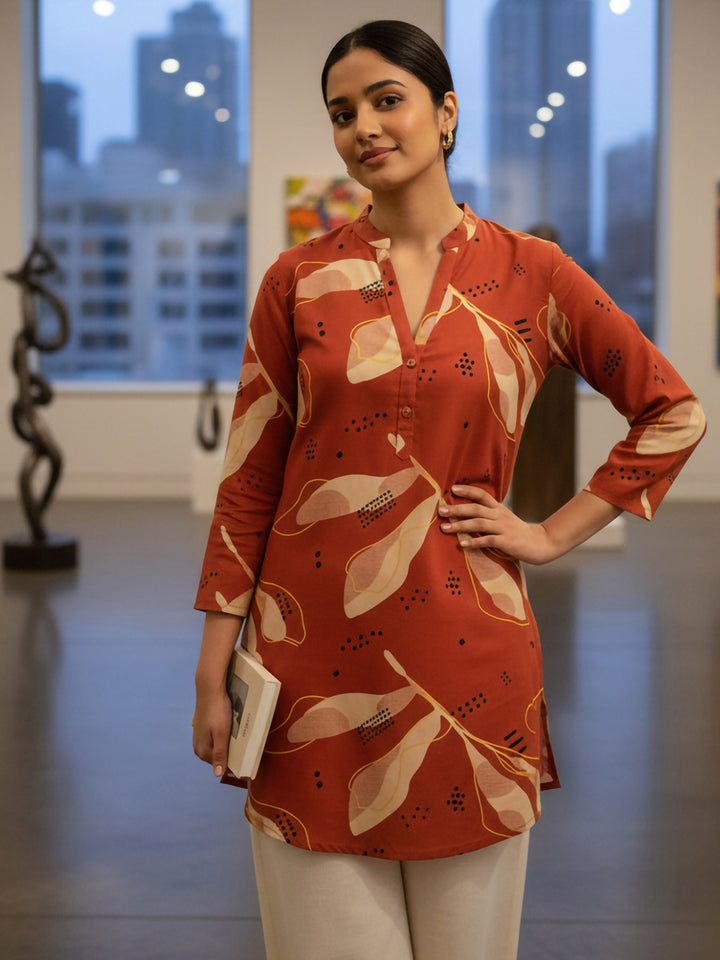 Rust Cotton Blend Printed Kurta