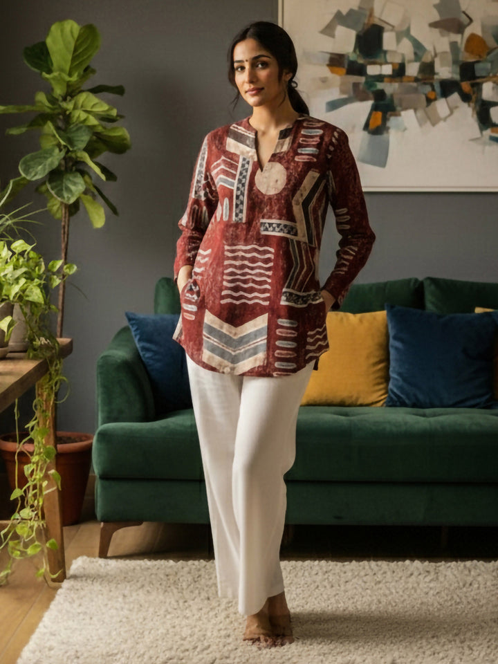 Brown Cotton Blend Printed Kurta