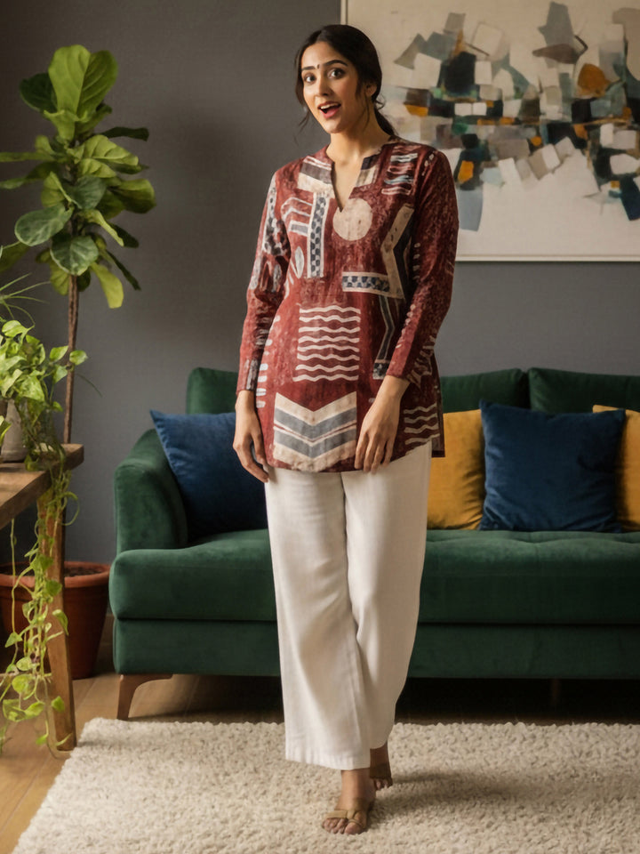 Brown Cotton Blend Printed Kurta