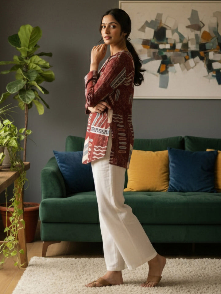 Brown Cotton Blend Printed Kurta
