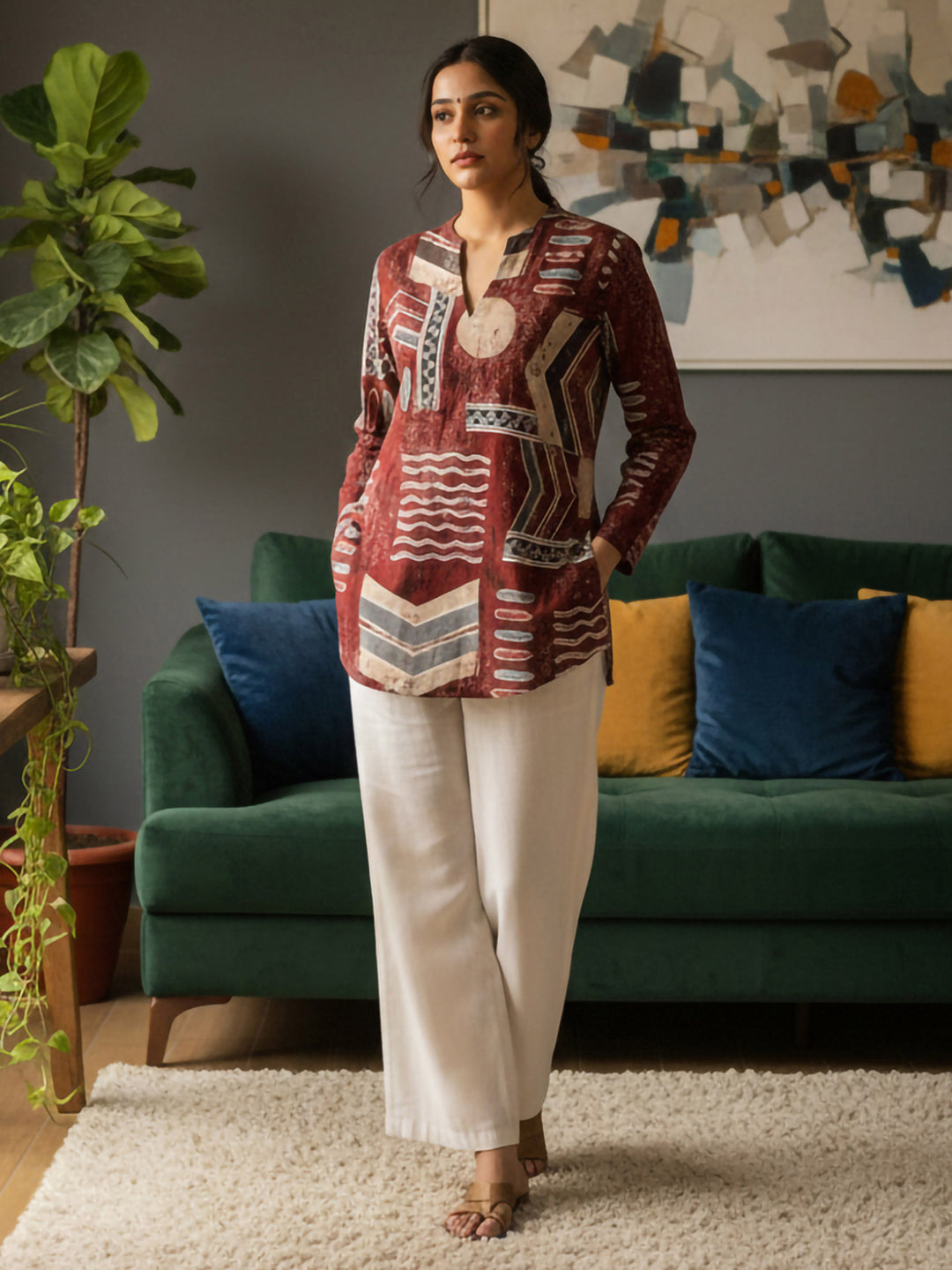 Brown Cotton Blend Printed Kurta