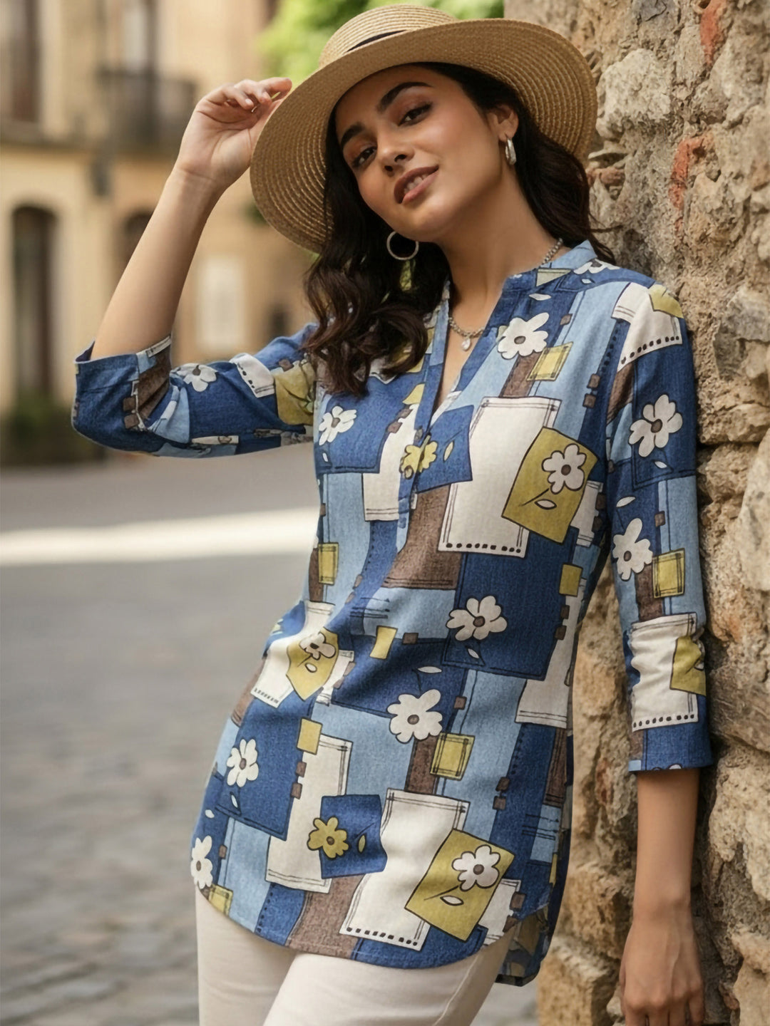 Blue Cotton Blend Printed Kurta
