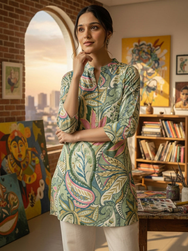 Green Cotton Blend Printed Kurta