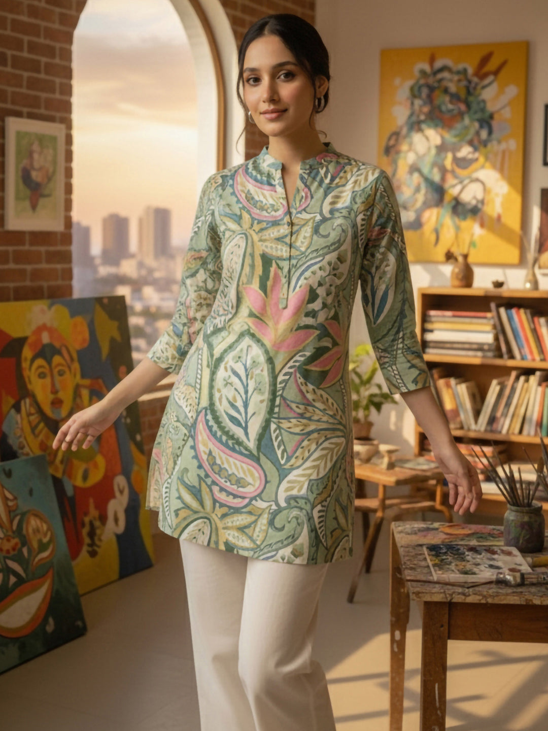 Green Cotton Blend Printed Kurta