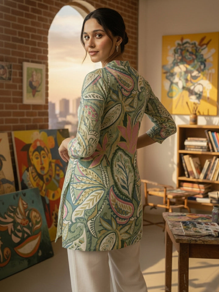 Green Cotton Blend Printed Kurta