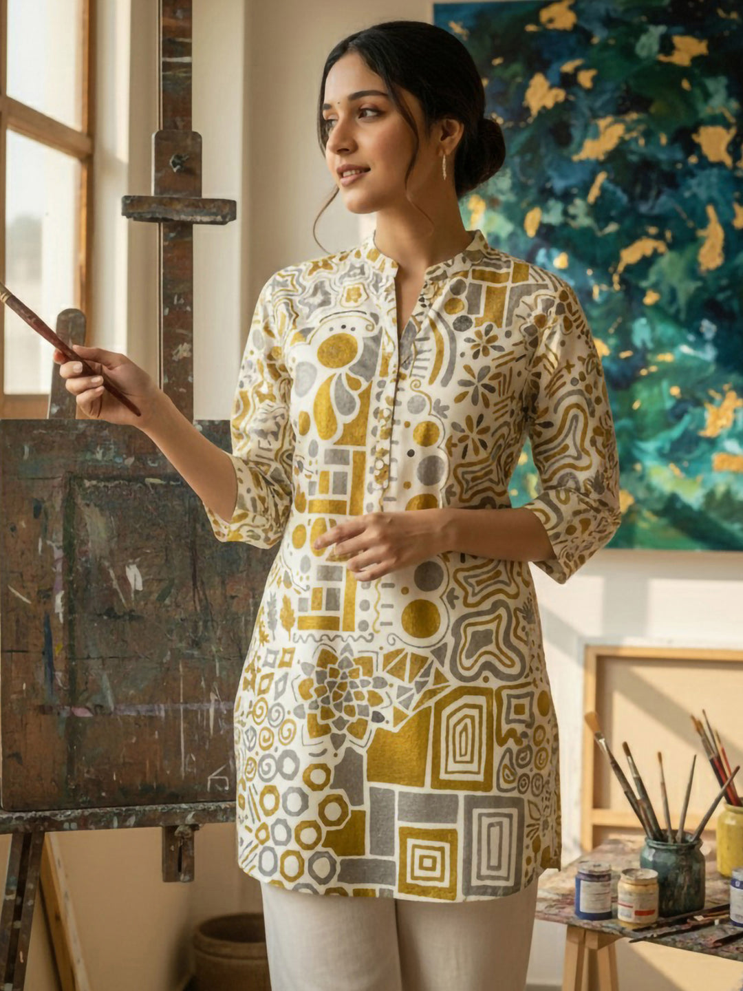 Yellow Cotton Blend Printed Kurta