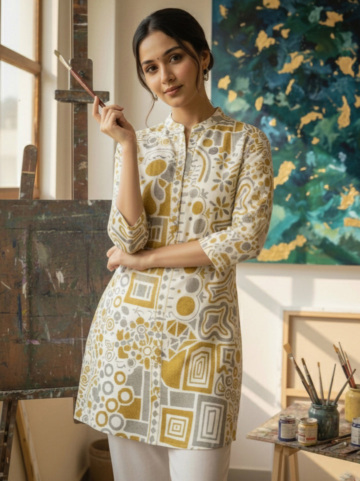 Yellow Cotton Blend Printed Kurta