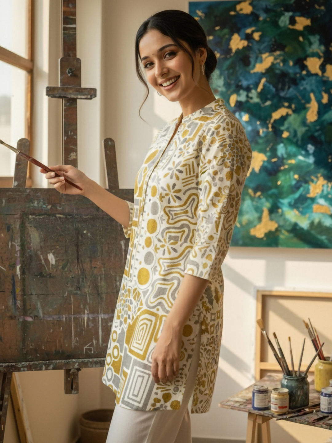 Yellow Cotton Blend Printed Kurta