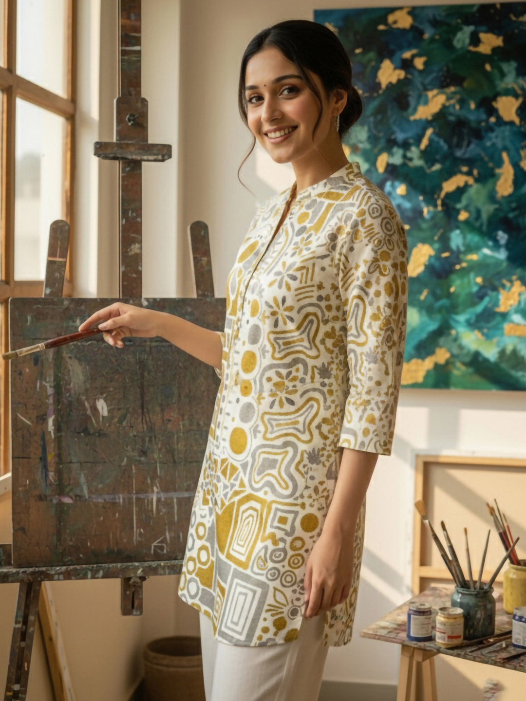 Yellow Cotton Blend Printed Kurta