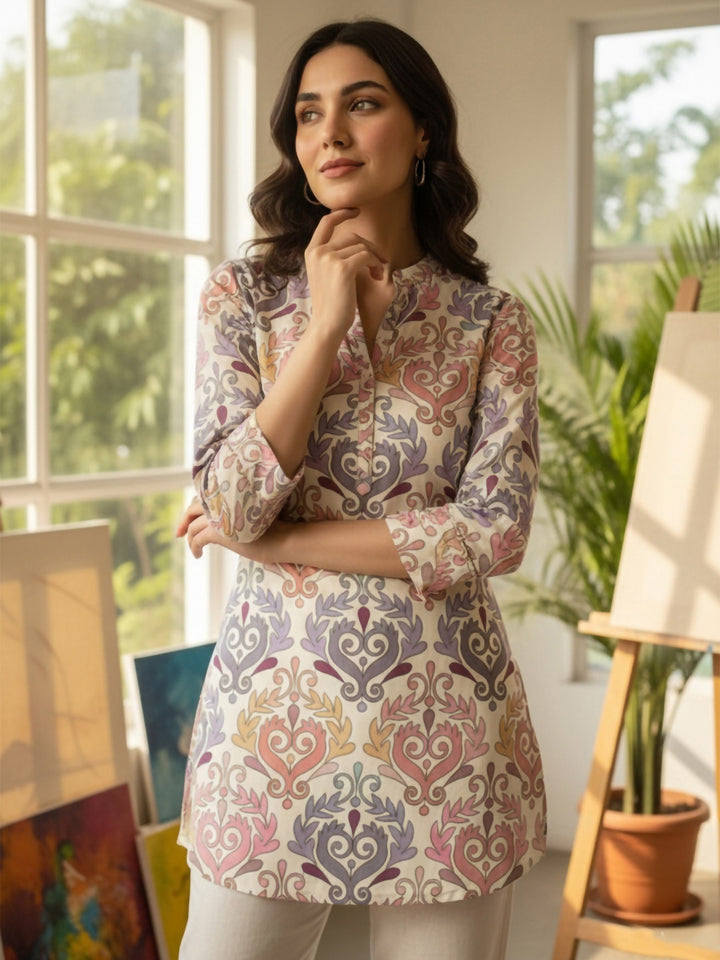 Pink Cotton Blend Printed Kurta