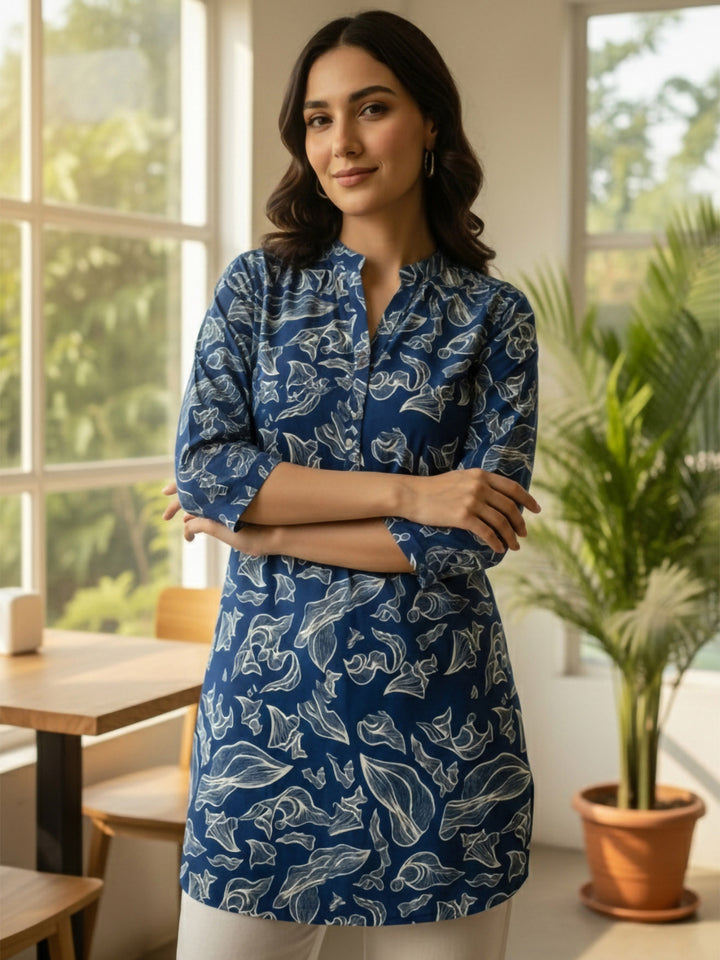 Blue Cotton Blend Printed Kurta