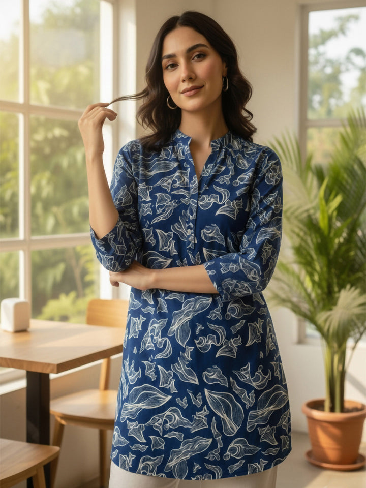 Blue Cotton Blend Printed Kurta