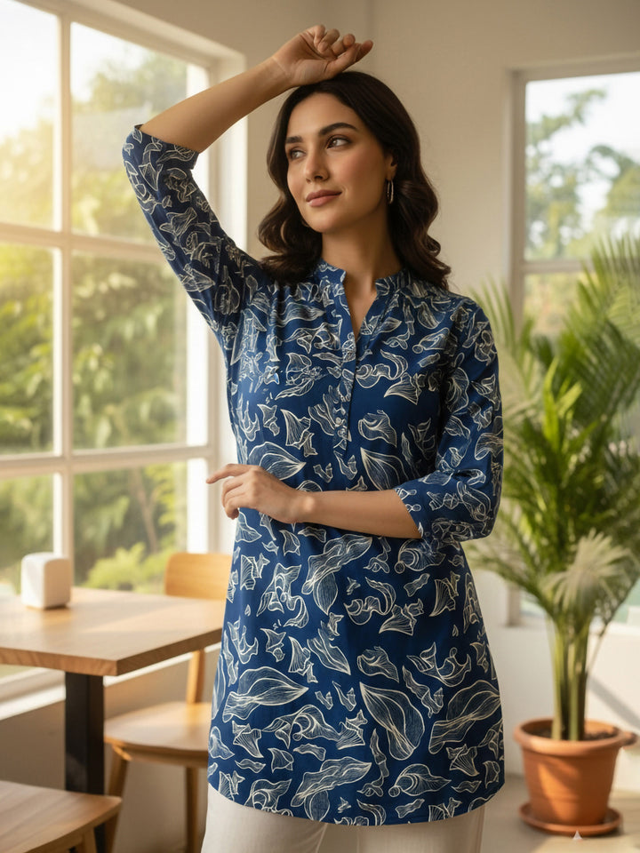 Blue Cotton Blend Printed Kurta