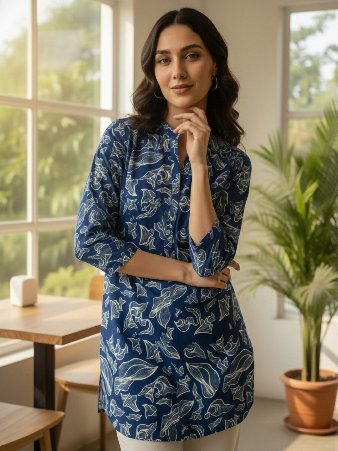 Blue Cotton Blend Printed Kurta