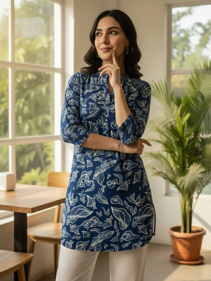 Blue Cotton Blend Printed Kurta
