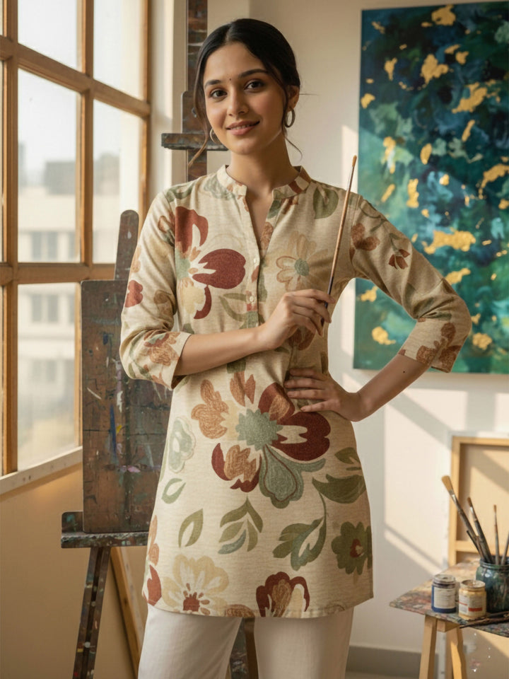 Cream Cotton Blend Printed Kurta