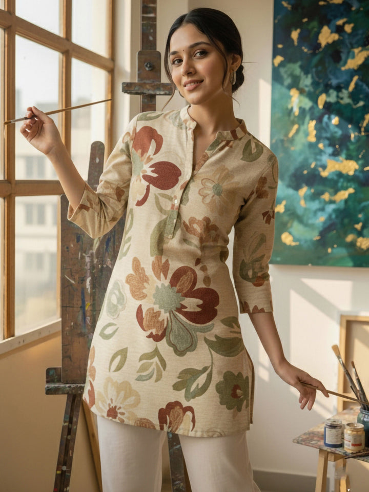 Cream Cotton Blend Printed Kurta