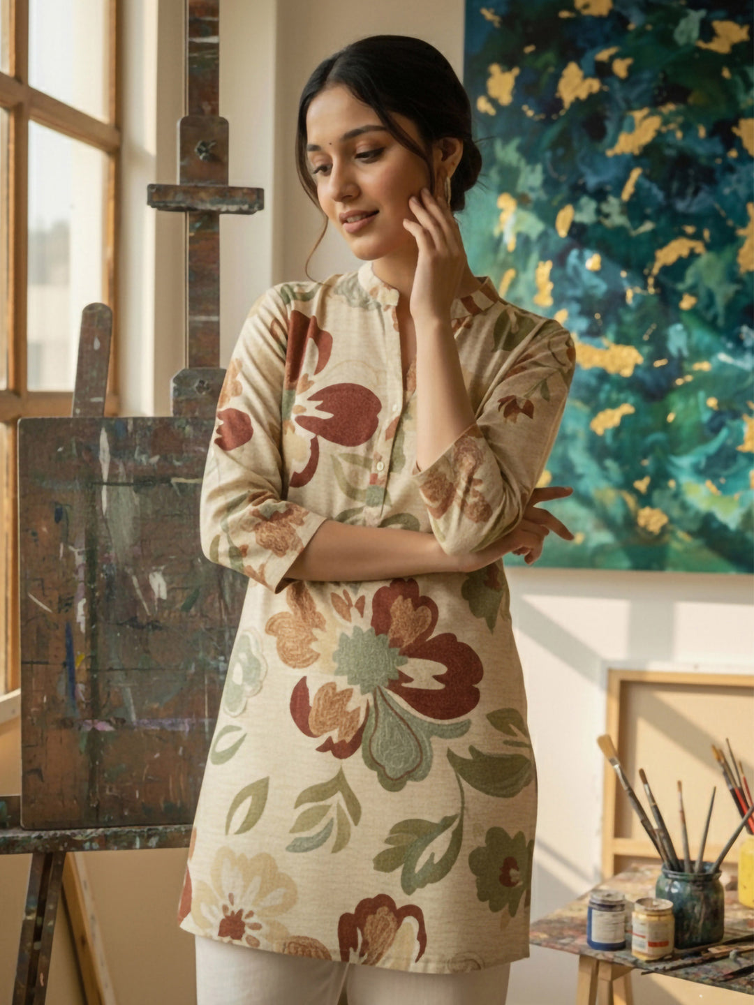 Cream Cotton Blend Printed Kurta