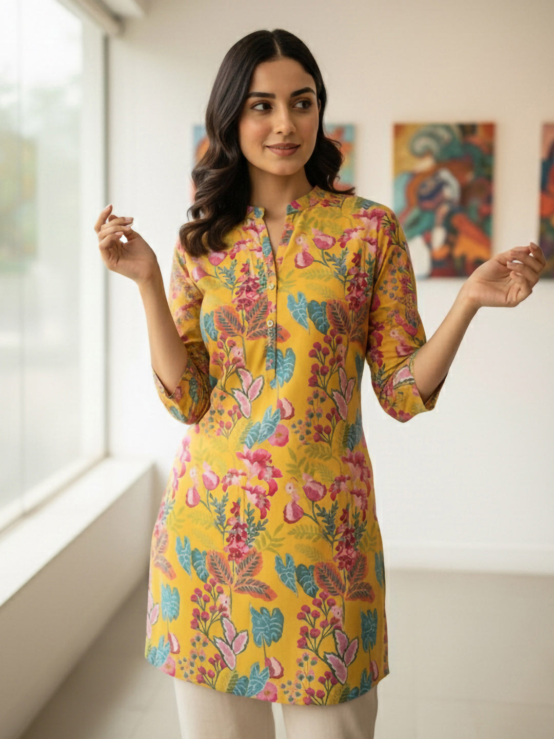 Yellow Cotton Blend Printed Kurta